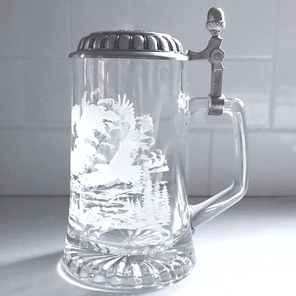 JAMES MEGER German Glass Bald Eagle Beer Stein With Fine Pewter Lid NWOT